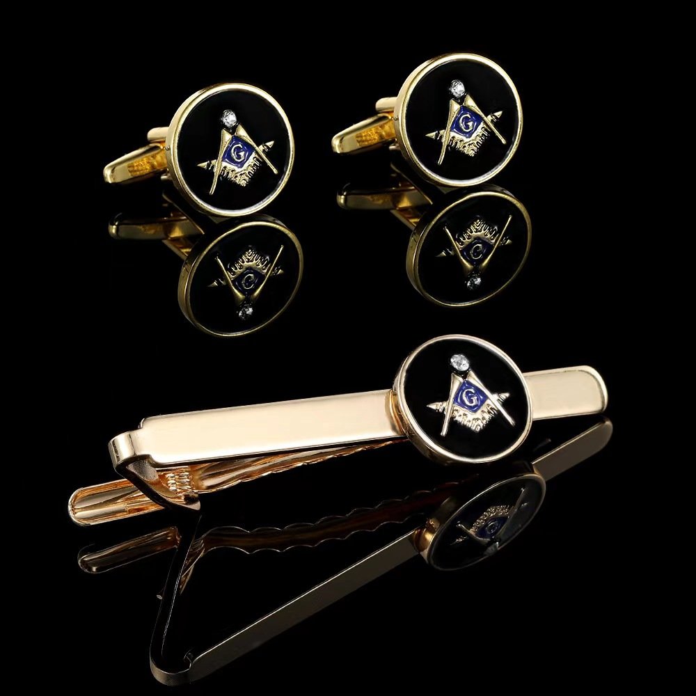2024 new boyi High Quality gift Factory Price Customized Masonic Compasses Freemason Mason Cuff links and Tie Clip Set