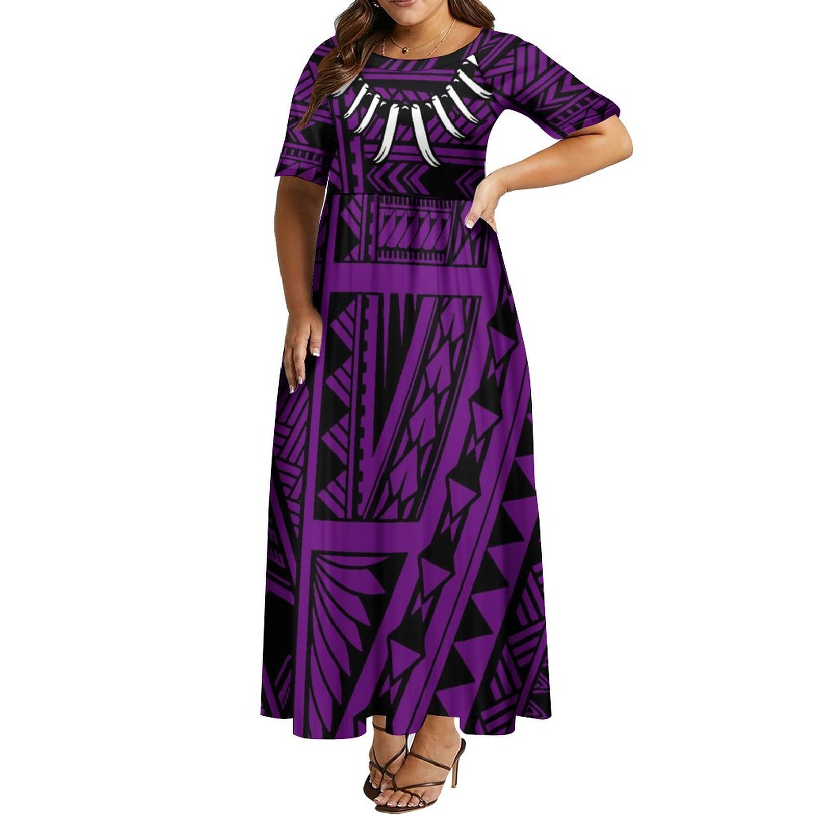 New Design Samoa Necklace Ula Nifo Island Dress Custom Maroon Polynesian Tribal Printed Long Dresses Half Sleeve Ladies Dress