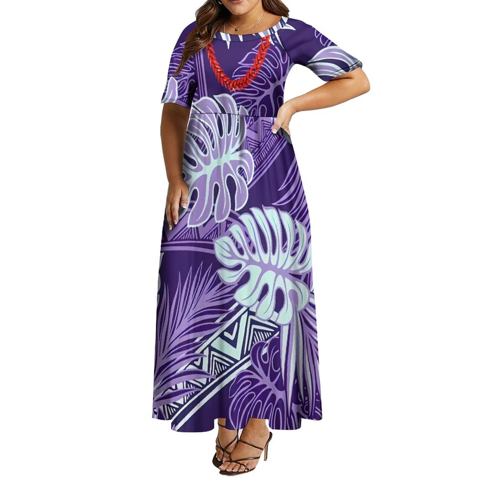 New Design Samoa Necklace Ula Nifo Island Dress Custom Maroon Polynesian Tribal Printed Long Dresses Half Sleeve Ladies Dress