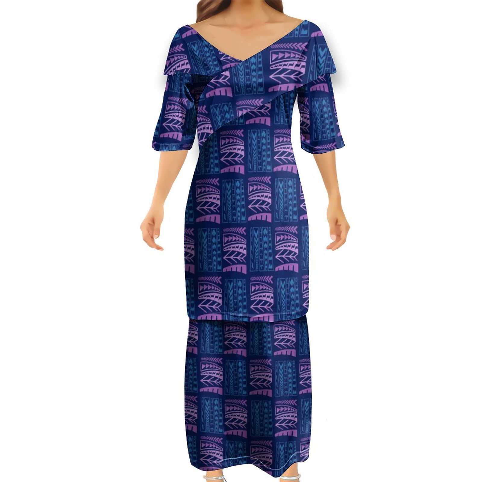 High Quality Customized Milk Silk Melanesia Samoa Polynesian Tribal Women Casual Maxi Dresses Blue V Neck Frill Trim Puletasi