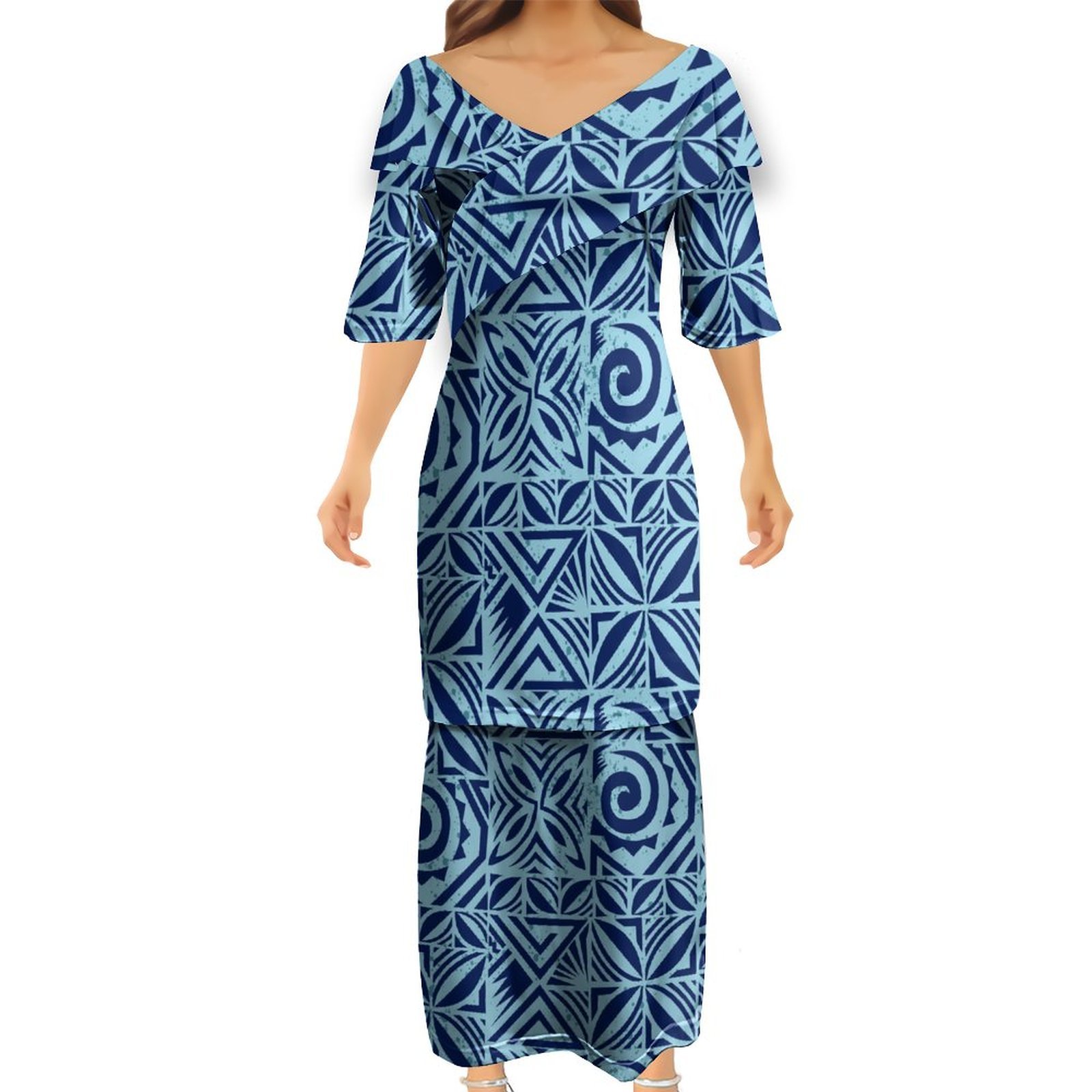 High Quality Customized Milk Silk Melanesia Samoa Polynesian Tribal Women Casual Maxi Dresses Blue V Neck Frill Trim Puletasi