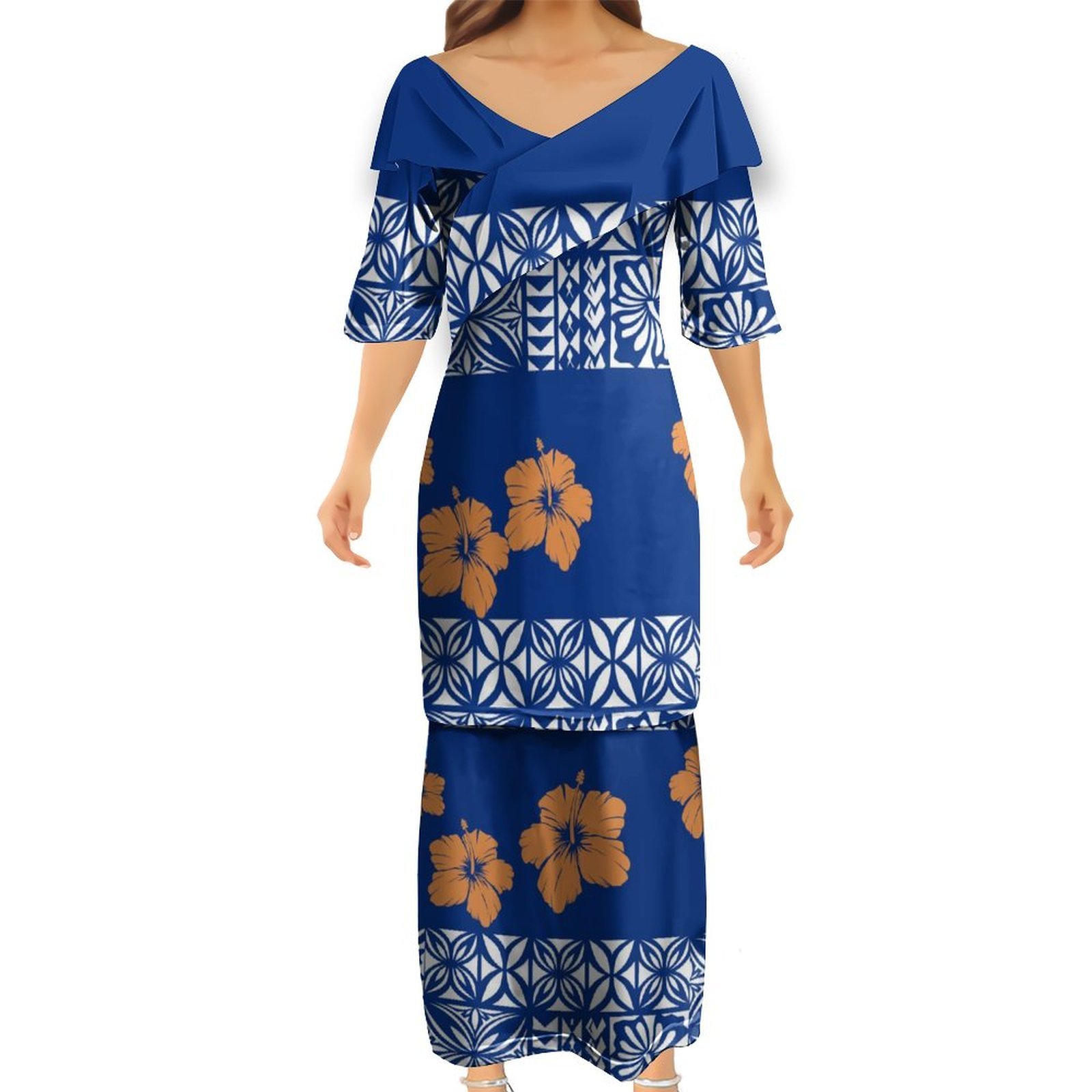 High Quality Customized Milk Silk Melanesia Samoa Polynesian Tribal Women Casual Maxi Dresses Blue V Neck Frill Trim Puletasi