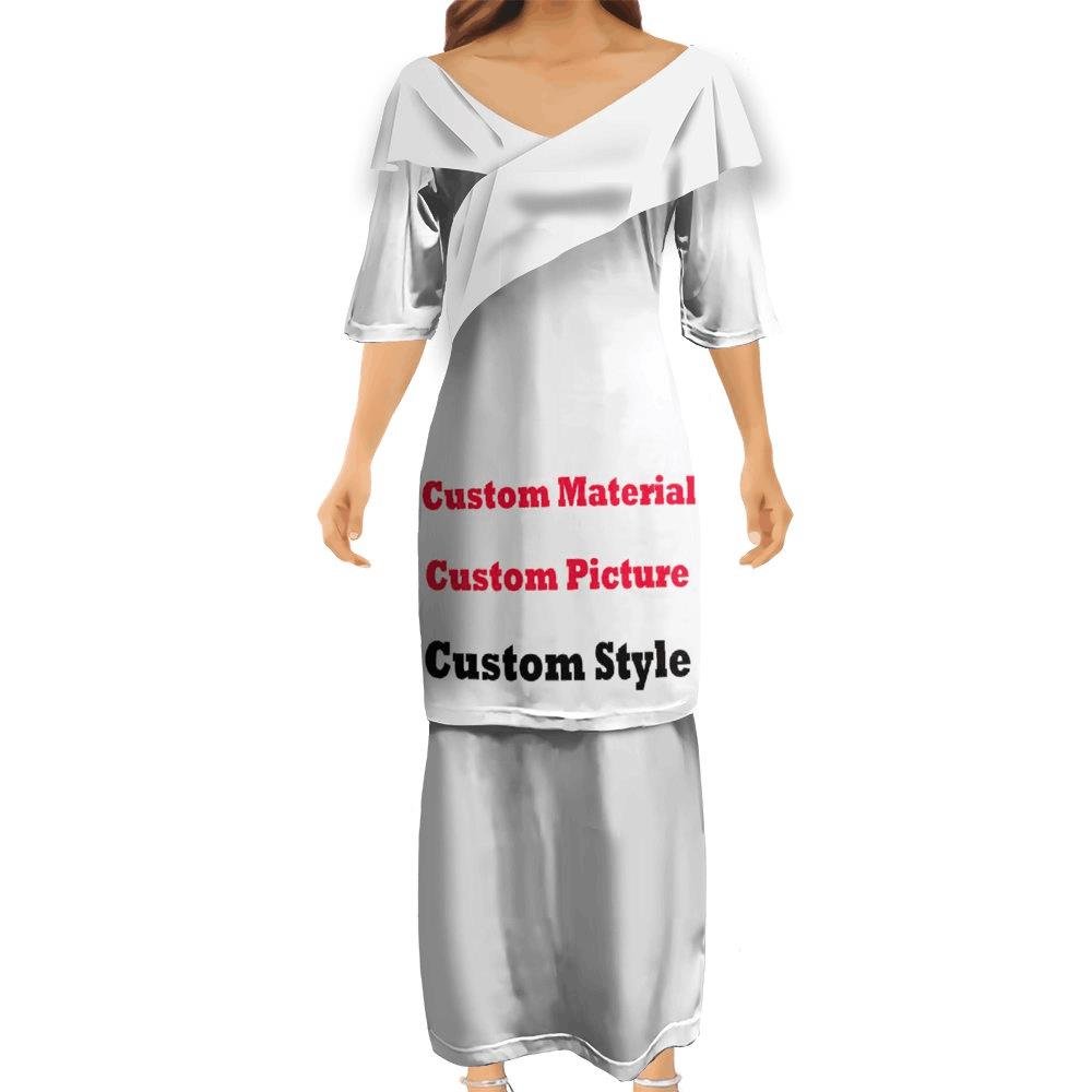 High Quality Customized Milk Silk Melanesia Samoa Polynesian Tribal Women Casual Maxi Dresses Blue V Neck Frill Trim Puletasi