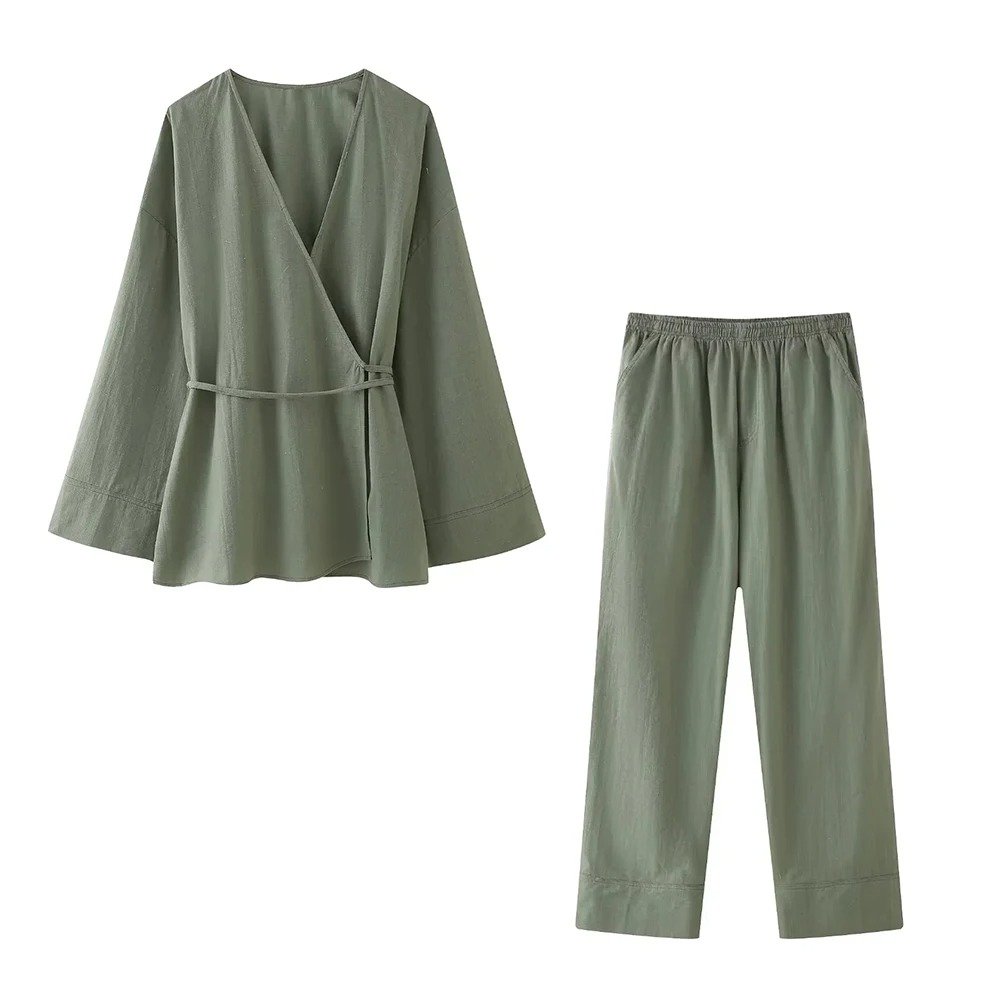 Women Fashion With Tied Textured Crossover Kimono Blouses And Mid Elastic Waist Pants Female Two Piece Sets Mujer