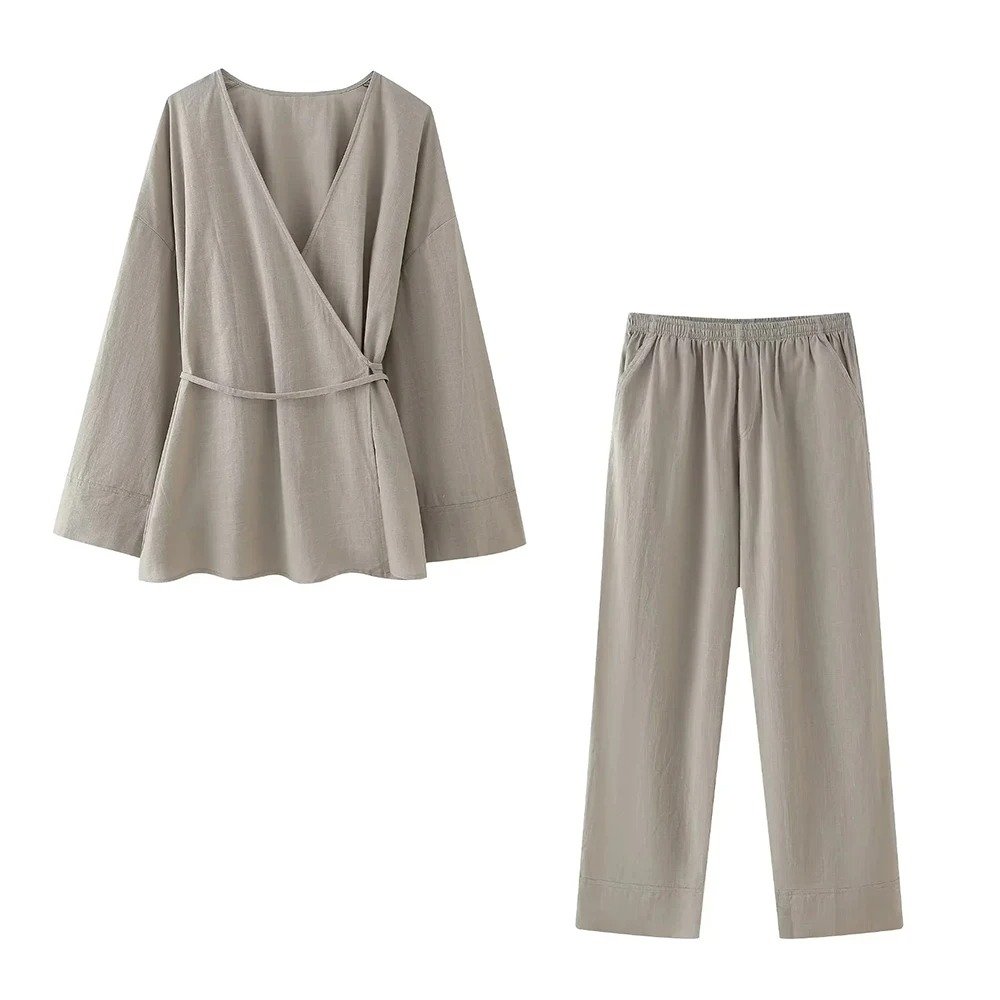 Women Fashion With Tied Textured Crossover Kimono Blouses And Mid Elastic Waist Pants Female Two Piece Sets Mujer