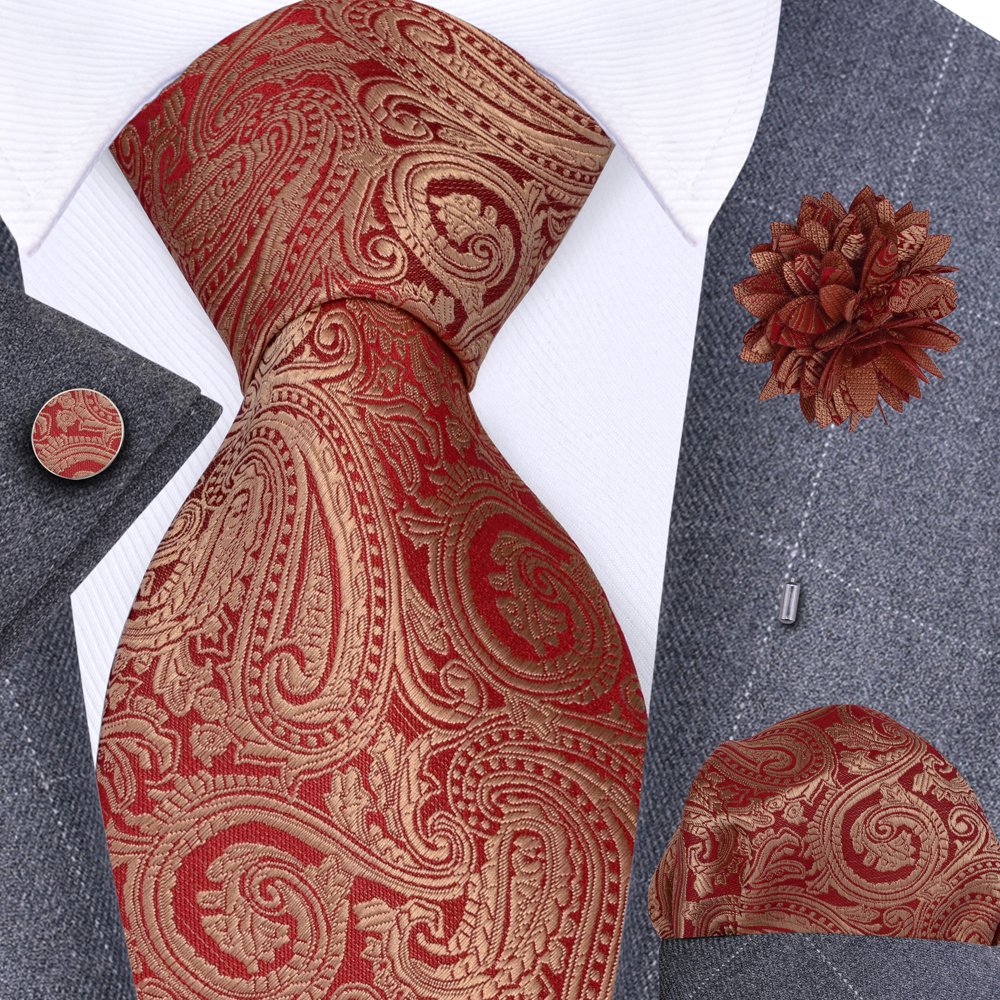 8cm Fashion Gold Jacquard Men's Ties Wedding Party Groom Pocket Square Cufflinks Brooch Pin Set Silk Gravatas Gift for Men
