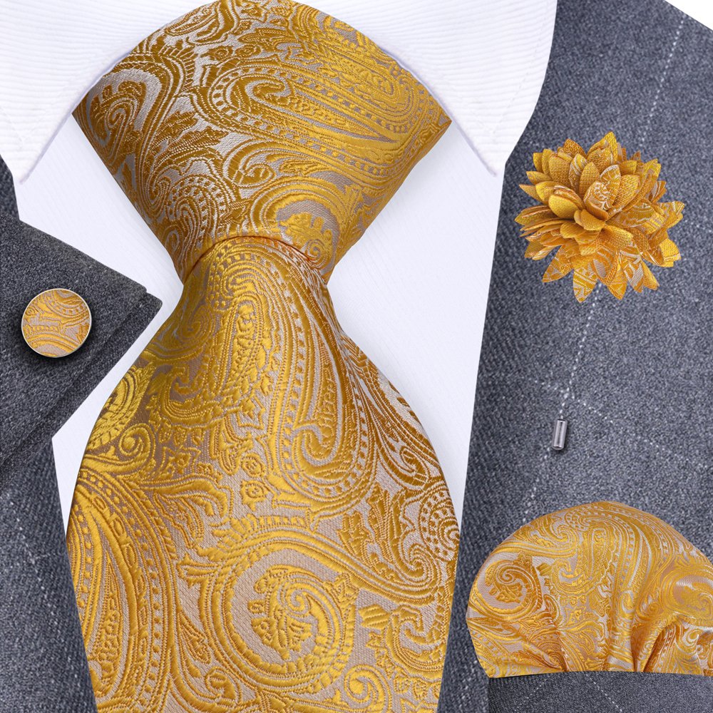 8cm Fashion Gold Jacquard Men's Ties Wedding Party Groom Pocket Square Cufflinks Brooch Pin Set Silk Gravatas Gift for Men