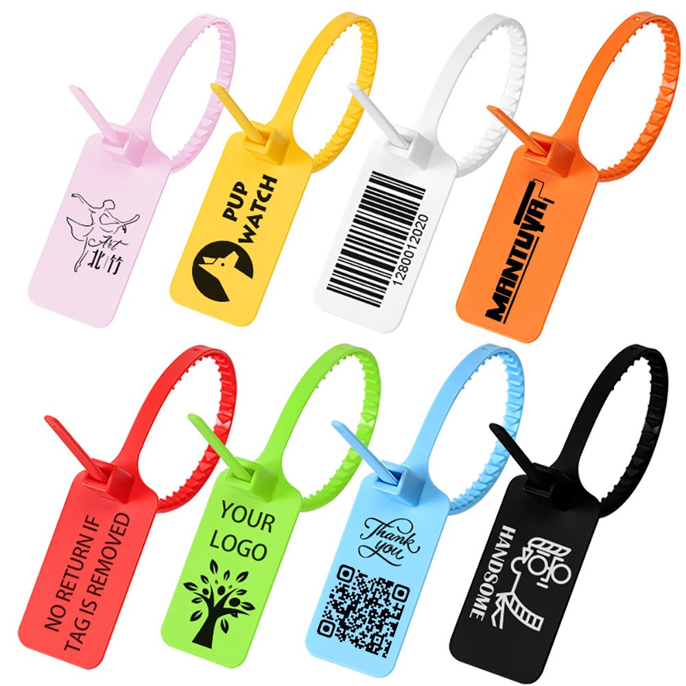 Free Charge Customized Printing Logo Disposable Plastic Garment Security Seals Hang Tags Zip Tie for Clothes Shoes Bags
