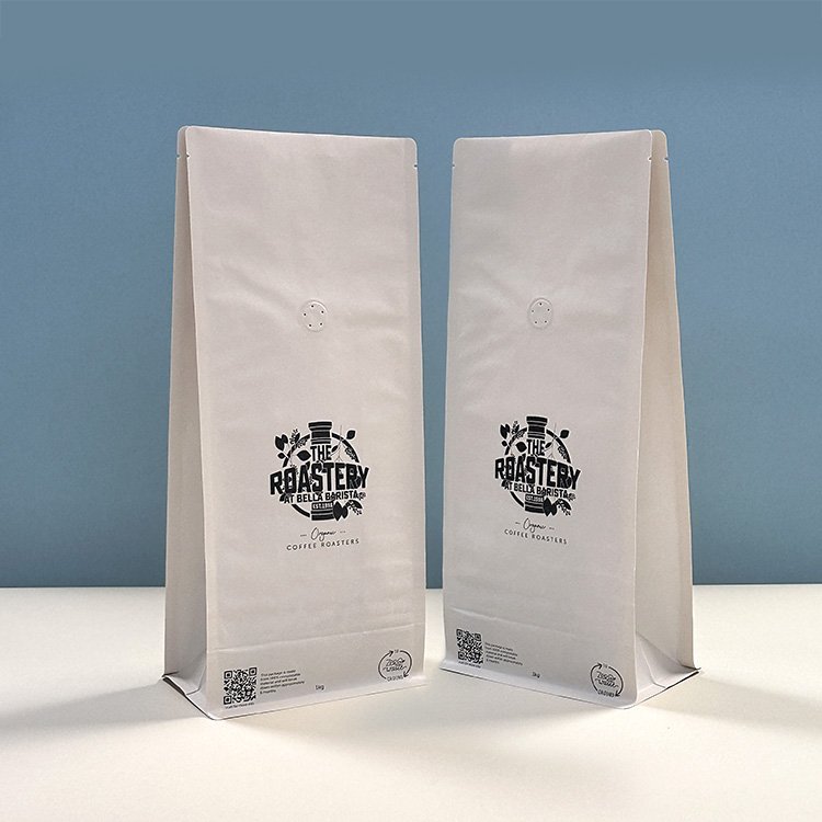Biodegradable Compostable 250g 1kg Tin Tie Flat Bottom Coffee White Kraft Paper Pouch Packaging Tea Coffee Bean Bag With Valve