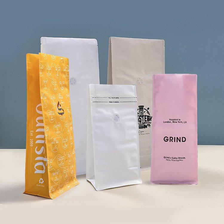 Biodegradable Compostable 250g 1kg Tin Tie Flat Bottom Coffee White Kraft Paper Pouch Packaging Tea Coffee Bean Bag With Valve