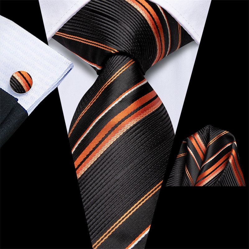 Wholesale Custom Business Fashion Men Orange Striped Tie Jacquard Woven Silk Necktie Pocket Square Cufflinks Set For Men Gift