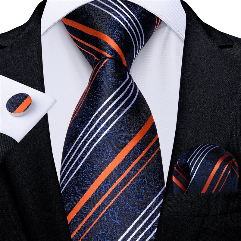 Wholesale Custom Business Fashion Men Orange Striped Tie Jacquard Woven Silk Necktie Pocket Square Cufflinks Set For Men Gift