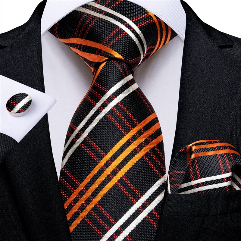 Wholesale Custom Business Fashion Men Orange Striped Tie Jacquard Woven Silk Necktie Pocket Square Cufflinks Set For Men Gift