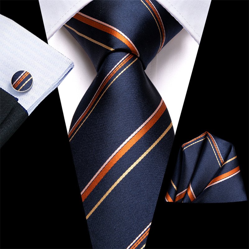 Wholesale Custom Business Fashion Men Orange Striped Tie Jacquard Woven Silk Necktie Pocket Square Cufflinks Set For Men Gift
