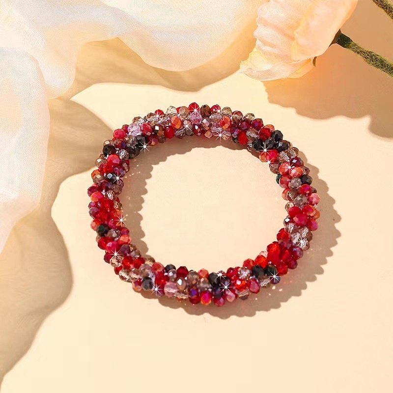 Handmade elastic scrunchies hair tie crystal beaded bracelet Glass Crochet Handmade Stretch Crystal Seed Bead Bangle