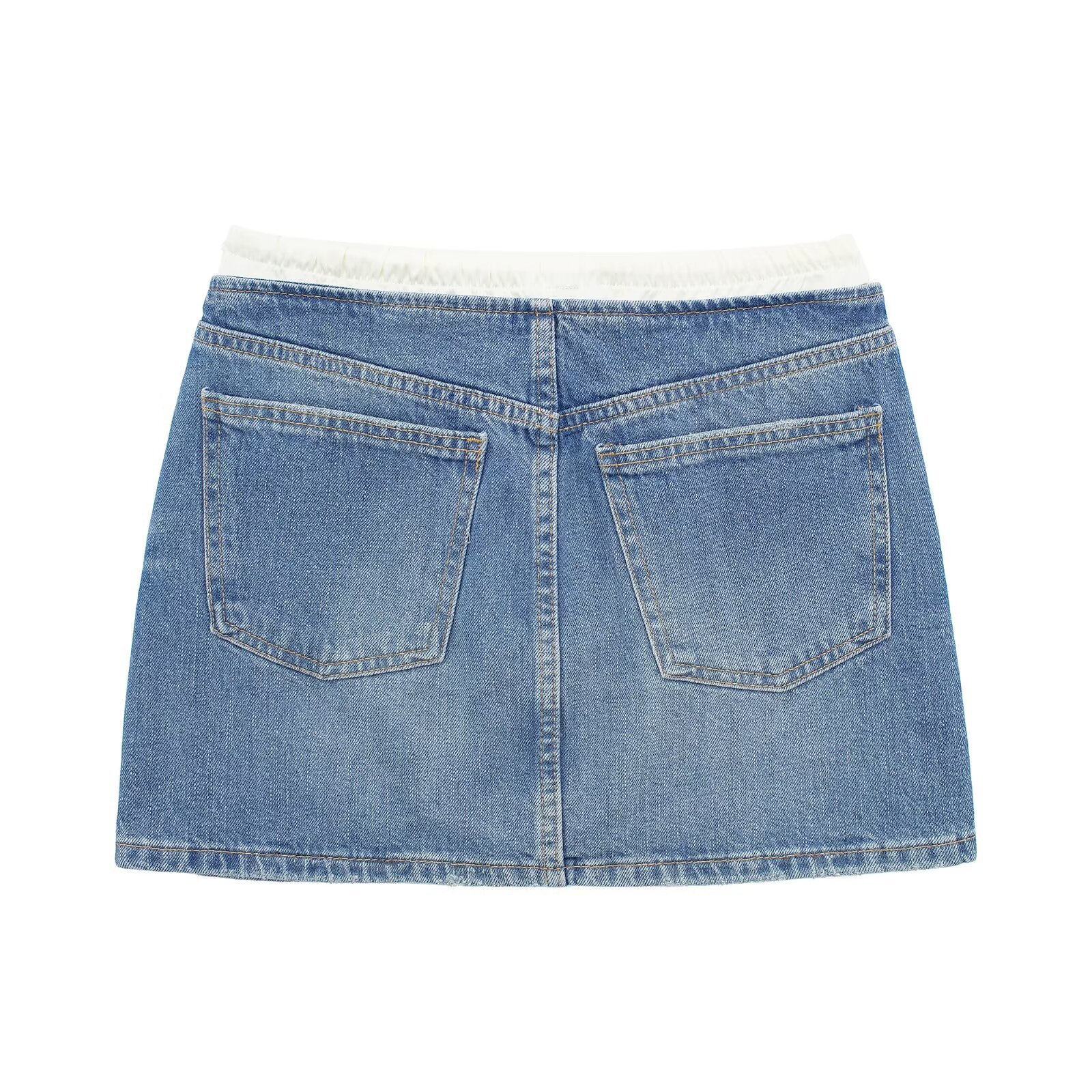 TRAFZA Denim Mini Tie Bow High Waist Woman Fashion Splicing Short Streetwear Summer Skirt