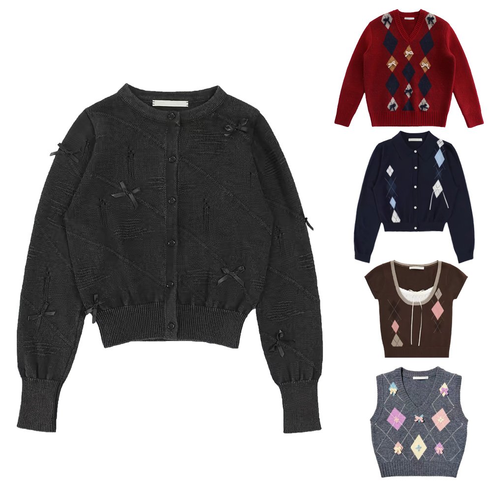 OEM&ODM Custom Bella Style Jacquard Woman Cardigan Long Sleeve Top Embroidery Crew Neck Bow Tie Pullover Sweater For Women