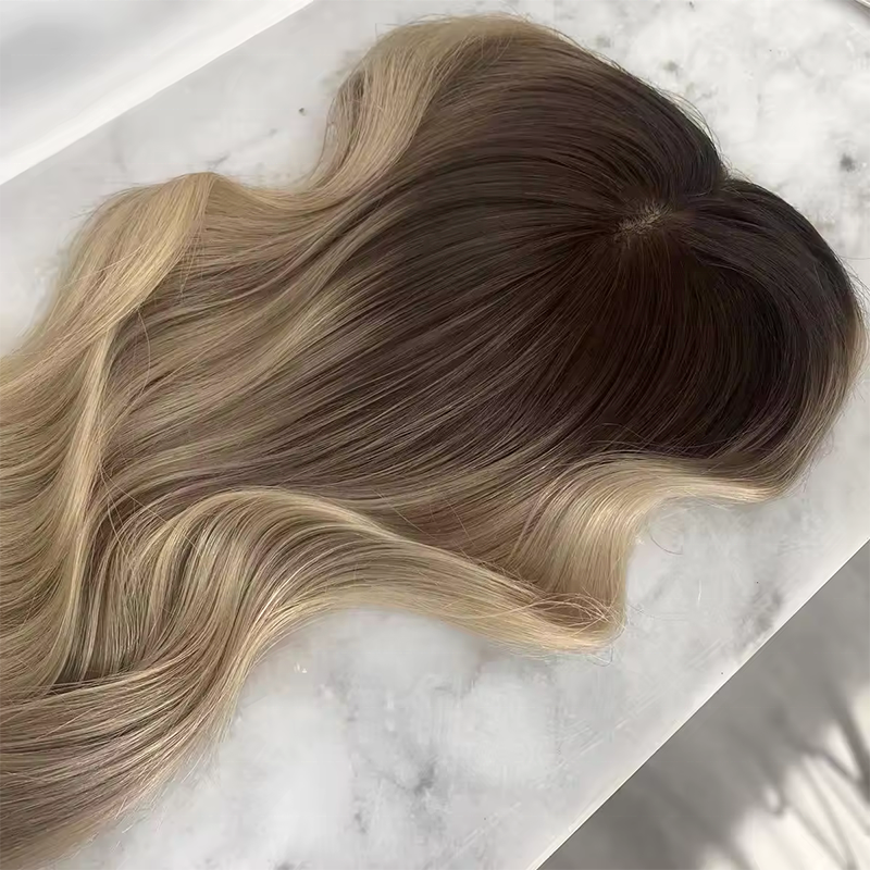 Highlight Blonde Silk Base Hair Topper 100% European Virgin Hair Toupee for Woman Full Hand Tied Single Knot Topper