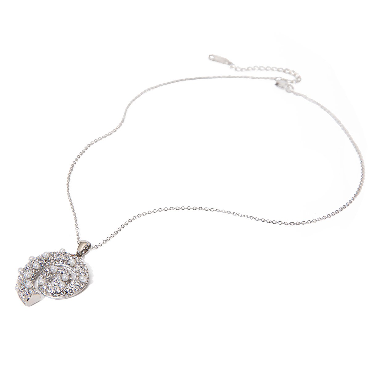 New Arrival 18K Gold Plated Stainless Steel Spiral Pearl and Crystal Inlaid Pendant Necklace, 50+5cm