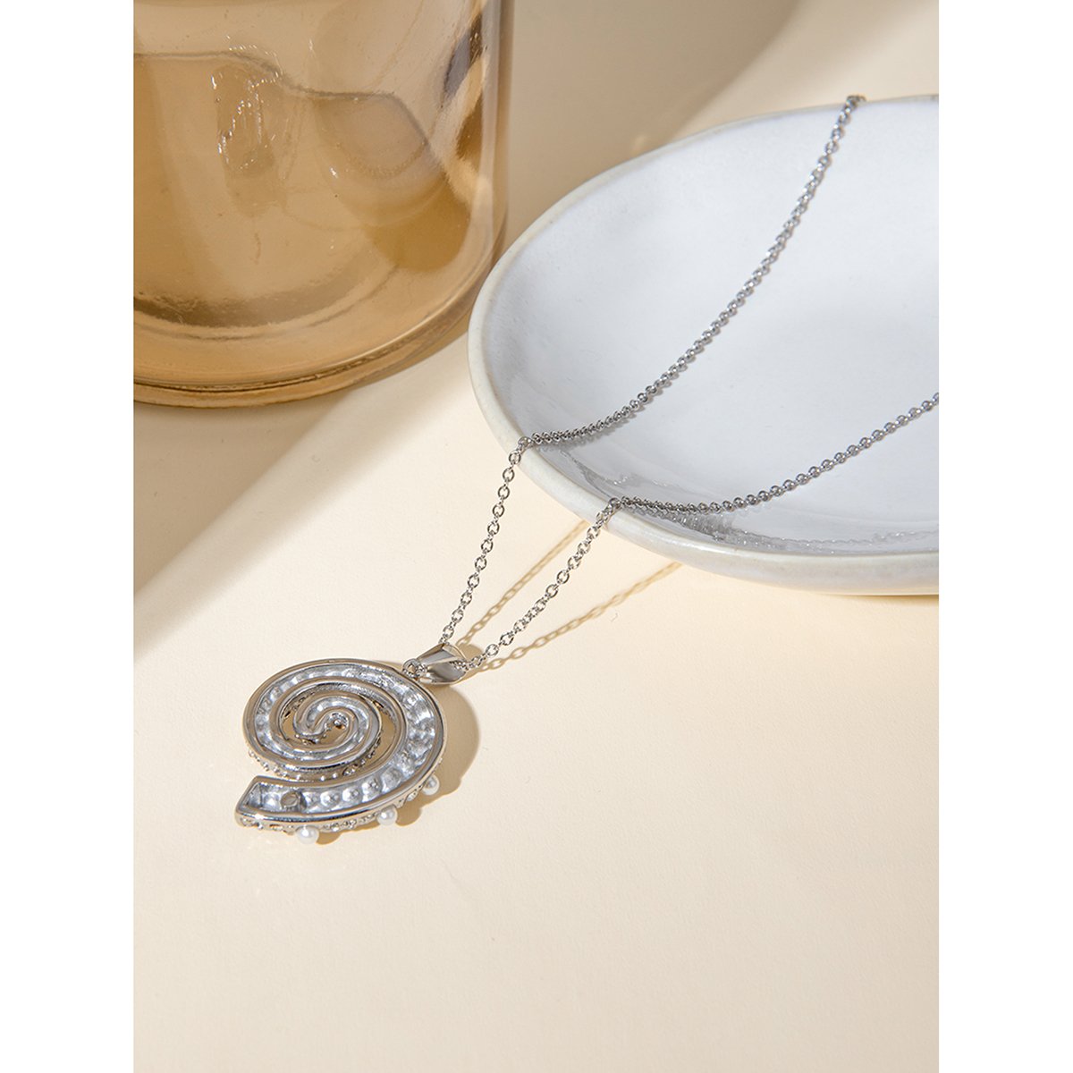 New Arrival 18K Gold Plated Stainless Steel Spiral Pearl and Crystal Inlaid Pendant Necklace, 50+5cm