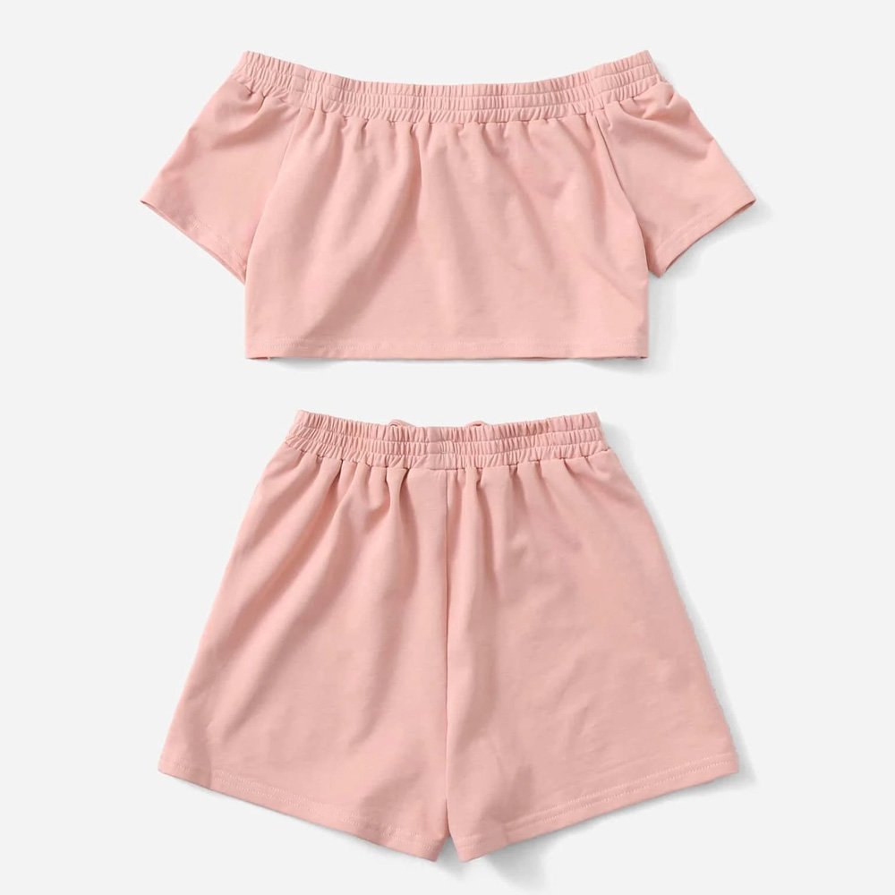 New Fashion Kids Short Set / 2022 Summer Kids Girls Outfits Set / Girls Tie Front Off Shoulder Top & Shorts Set