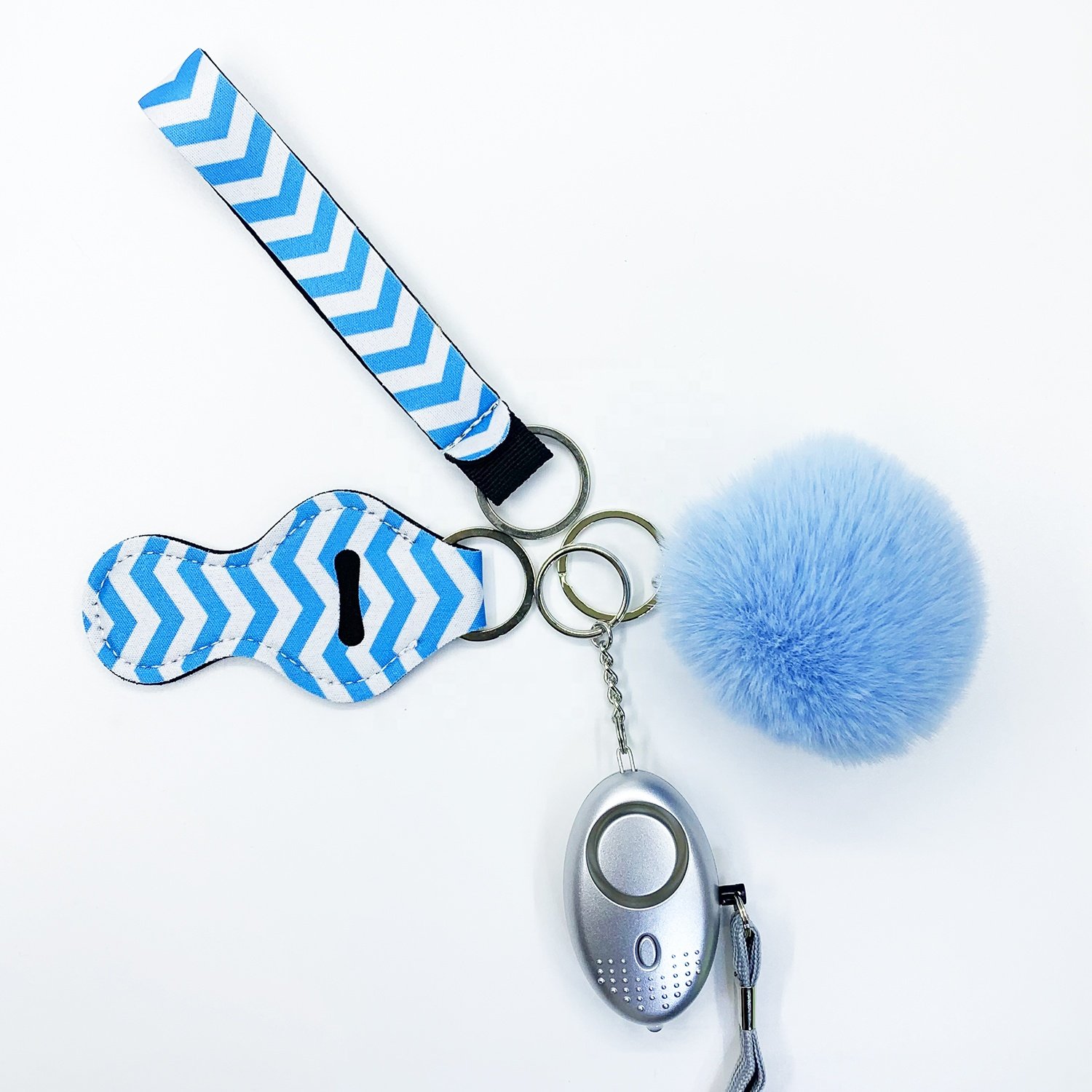 Tiktok Instagram Hot Sale Personal Safety Self Defense Keychain Set sanitizer lip gross holder Sound Alarm LED light and Pompom