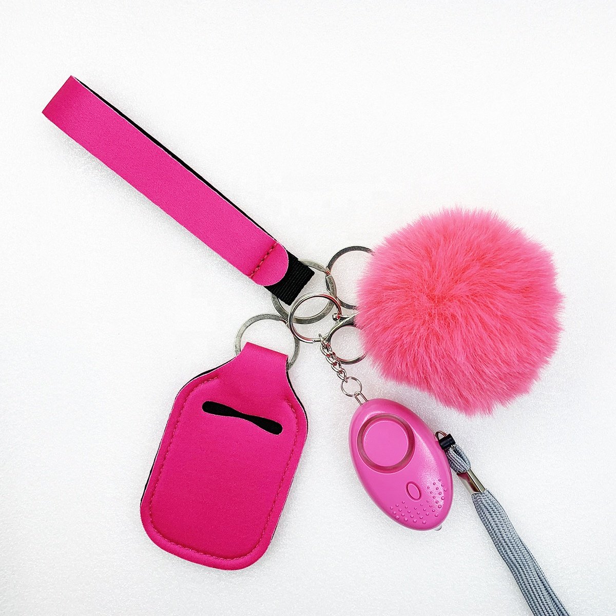 Tiktok Instagram Hot Sale Personal Safety Self Defense Keychain Set sanitizer lip gross holder Sound Alarm LED light and Pompom