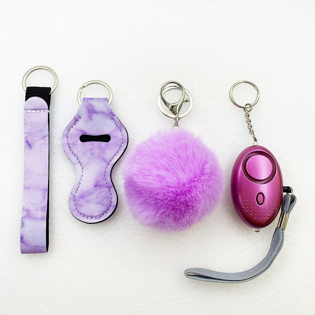 Tiktok Instagram Hot Sale Personal Safety Self Defense Keychain Set sanitizer lip gross holder Sound Alarm LED light and Pompom