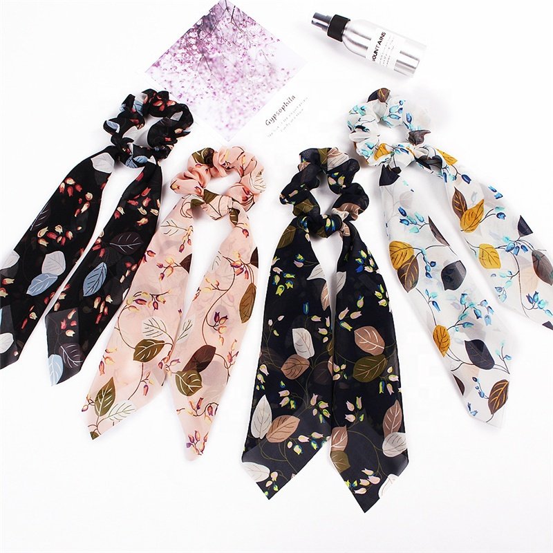 Wholesale Trendy Silk Ribbon Printing Flower Hair Scrunchies Korean Long Hair Scrunchies Chiffon Elastic Hair Bands For Ladies