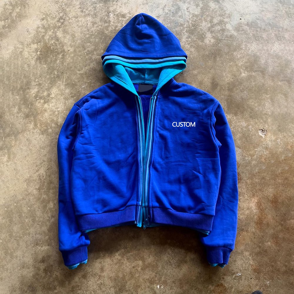 2024 Winter New Style 500 Gsm Heavyweight Hoodies Custom Solid Color Triple Layer Men Thick Cotton Blank Zip Up Hoodie