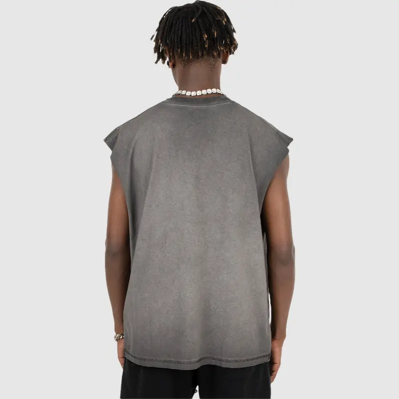 Wholesales high-quality cutout blank men's sports gym tank top thick neck acid washed sleeveless t-shirt