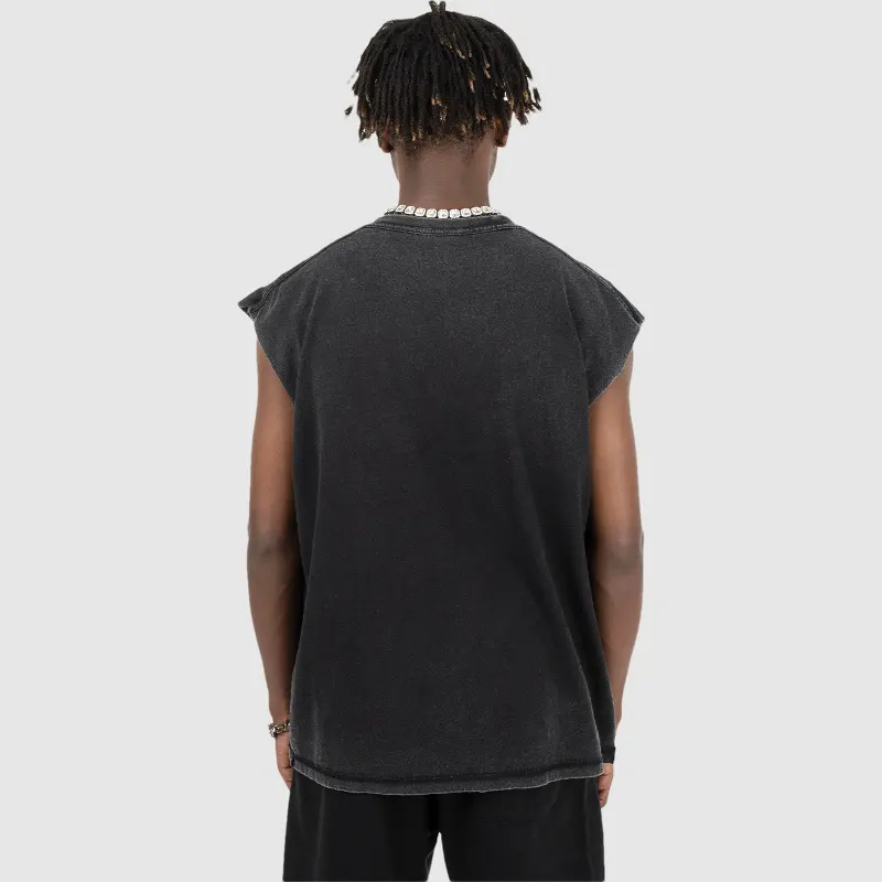 Wholesales high-quality cutout blank men's sports gym tank top thick neck acid washed sleeveless t-shirt