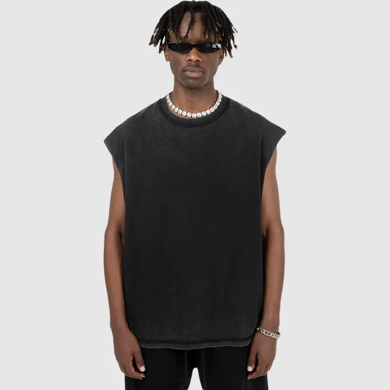 Wholesales high-quality cutout blank men's sports gym tank top thick neck acid washed sleeveless t-shirt