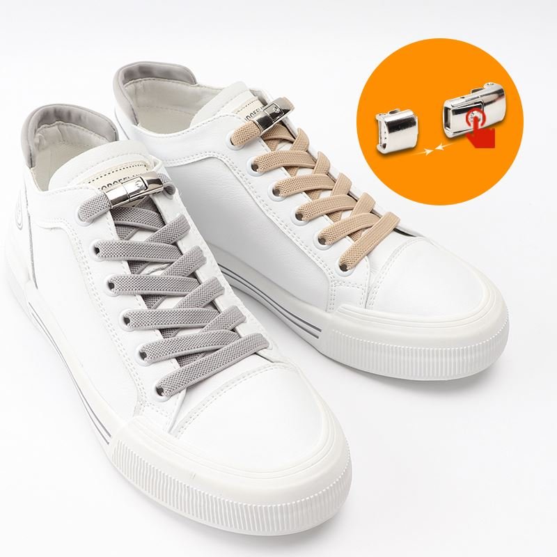 Flat Elastic Shoe Laces for Sneakers No Tie Shoelaces Press Buckle Lock Metal Switch Logo Shoelace for Kids Adults Quick Easy