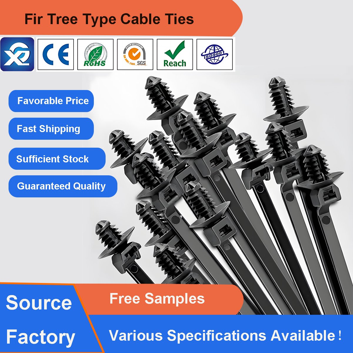 Fir Tree Type Threaded Head Push Mount Cable Zip Ties for Automotive,Aerospace,White Goods Manufacture and Panel Building