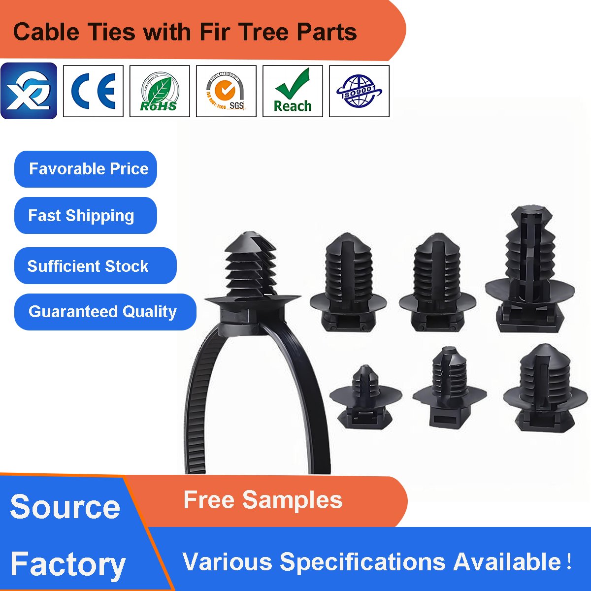 Fir Tree Type Threaded Head Push Mount Cable Zip Ties for Automotive,Aerospace,White Goods Manufacture and Panel Building