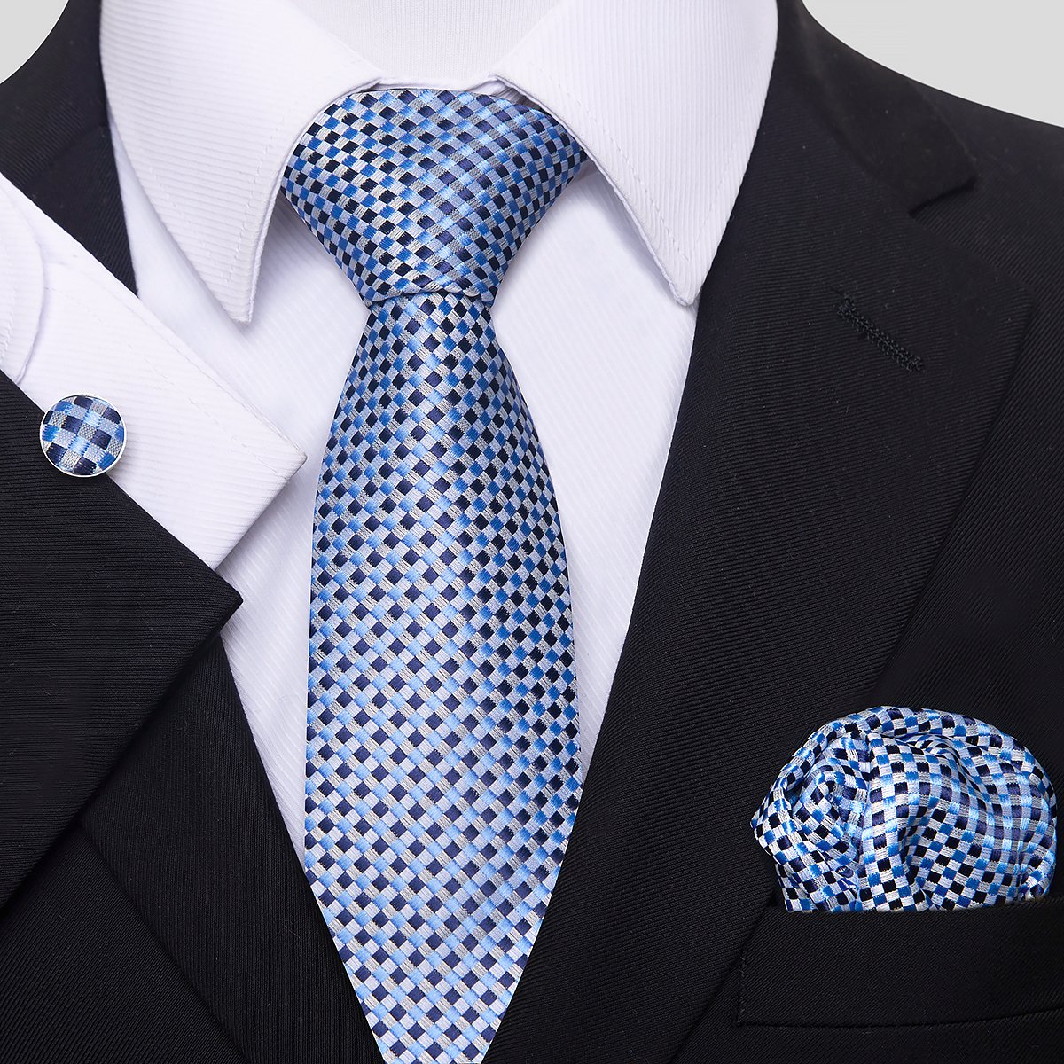 Brand Fashion Silk Men Tie Pocket Squares Cufflink Set Necktie Light Blue Suit Accessories Suit Formal Party