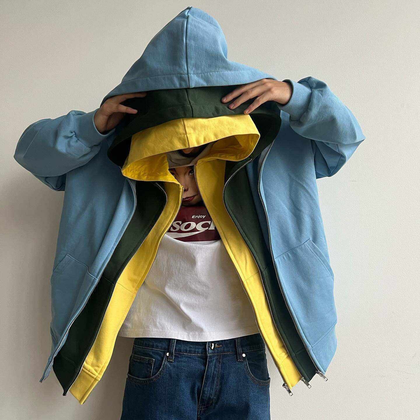 Kafany Garment Custom Color Three Layered 500gsm Cotton Oversized Blank Heavyweight Double Triple Hood Zip Up Hoodie for Men