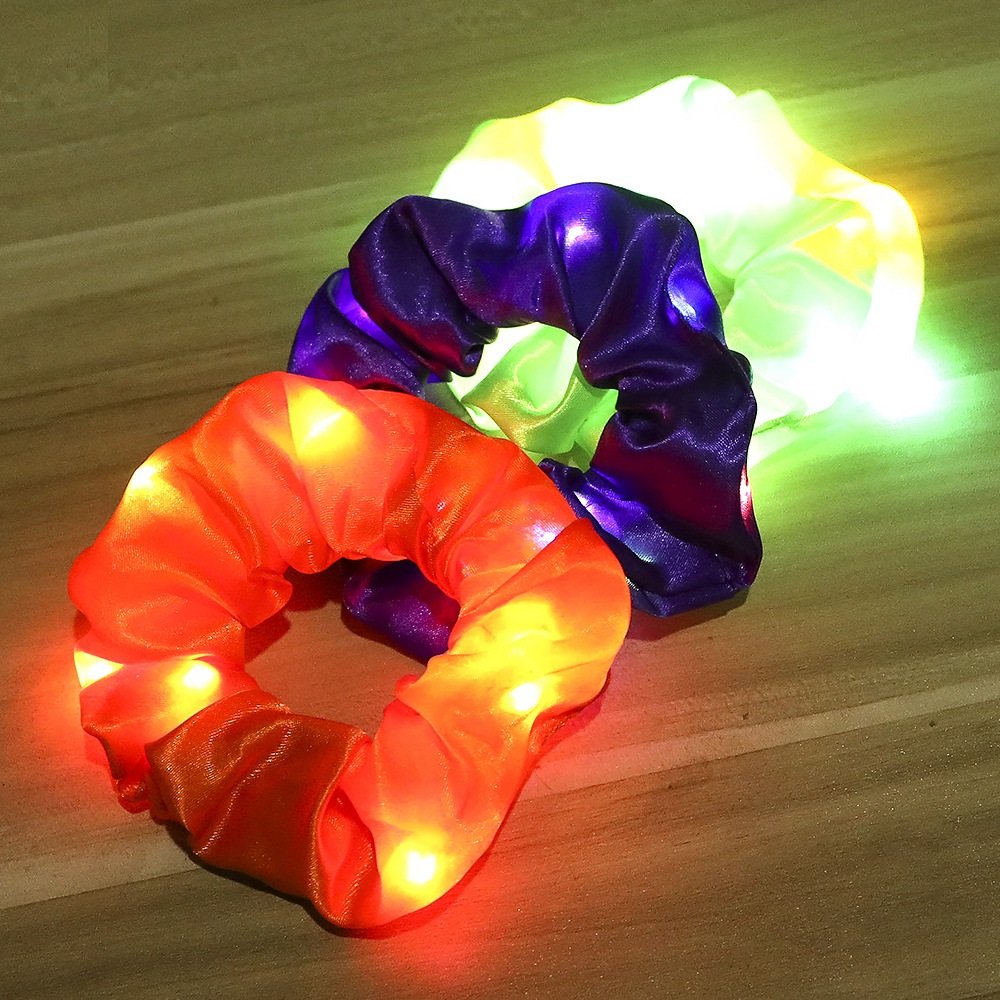 Girls Glowing LED Hair Scrunchies Flash Satin Elastic Ponytail Holder Band Chic Silk Hair Ties Accessories for Kids Children