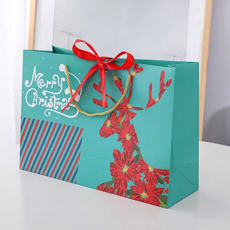 High Quality Customized Factory Recycled Doypack Christmas Gift Packaging Elk Santa Pattern Paper Bag With Bow Tie Ribbon Handle