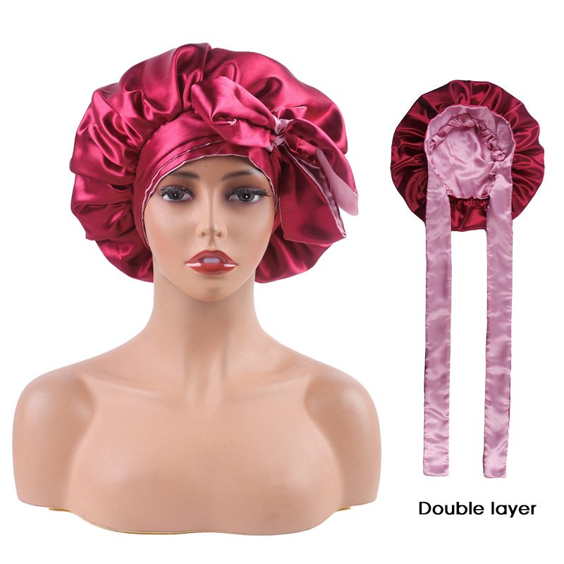 Custom Print Logo Long Strap Double Layer Reversible Wide Tie Band Edge Silk Bonnets And Satin Edge Hair Wraps