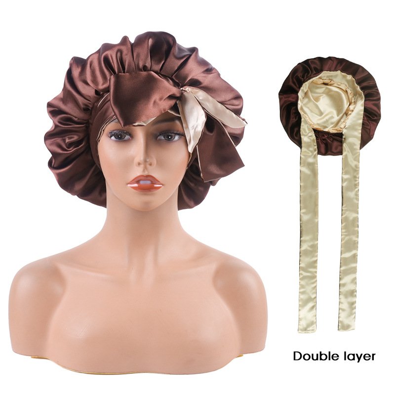 Custom Print Logo Long Strap Double Layer Reversible Wide Tie Band Edge Silk Bonnets And Satin Edge Hair Wraps