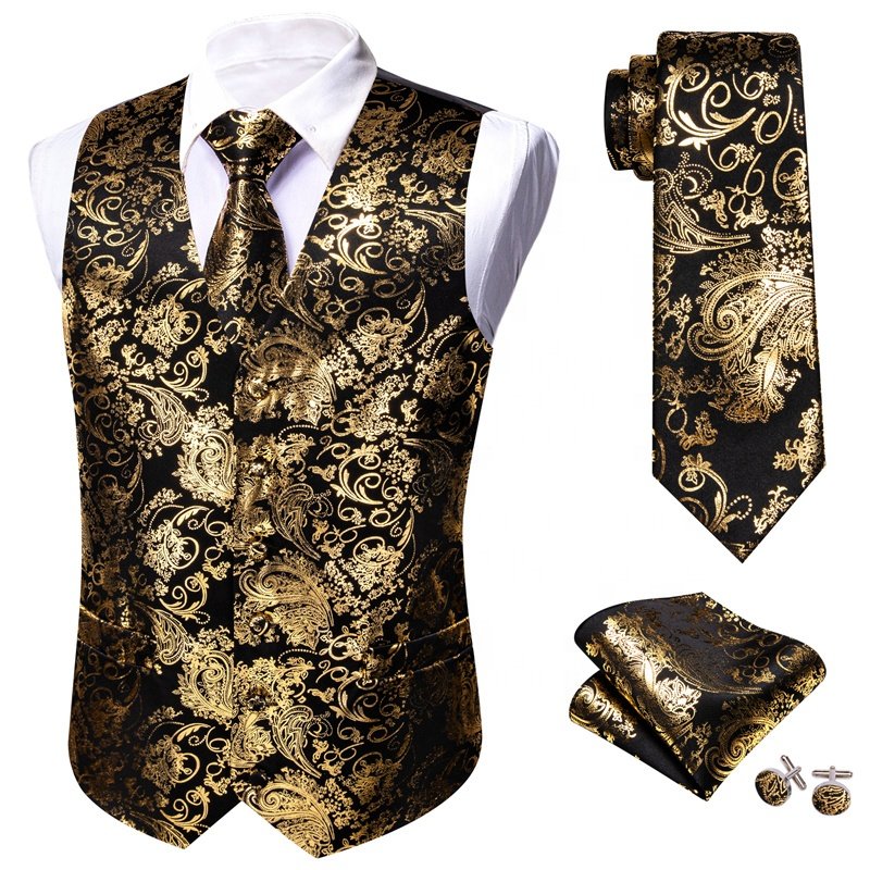 New Arrival Formal Men Suit Vest Black Gold Foloral Jacquard V Neck Hot Stamping Silk Vest Dress Waistcoat Tie Set Wedding 4PCS