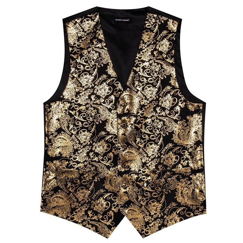 New Arrival Formal Men Suit Vest Black Gold Foloral Jacquard V Neck Hot Stamping Silk Vest Dress Waistcoat Tie Set Wedding 4PCS