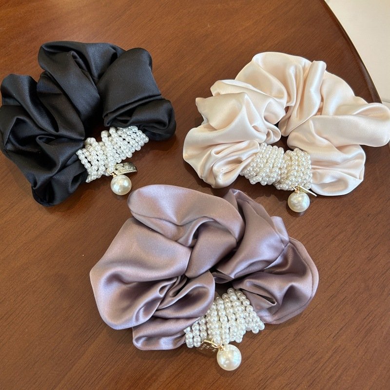 Retro Beaded scrunchies Satin Large Intestine Ring New Exquisite Large Intestine Hair Ring Fabric Headflower Hair Accessories