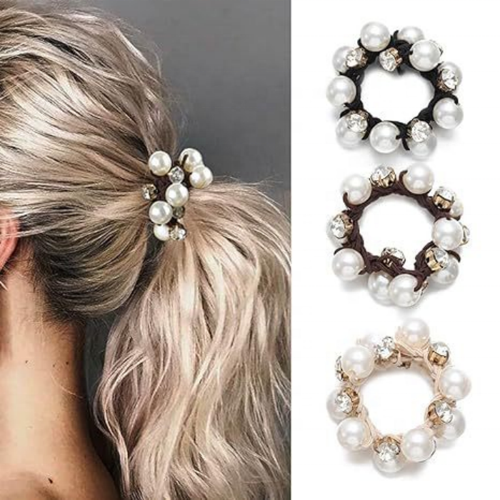 Hot Sale Elegant Faux Pearl Rhinestone Hair Scrunchies Comfort Fit Elastic Hair Ties for Everyday Special Occasions