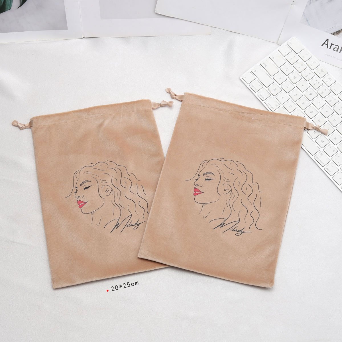 Custom Screen Printed Rose Gold Hair Extension Packing Velvet Bag Luxury Flannel Pouch Drawstring Gift Jewelry Dust Velvet Bag