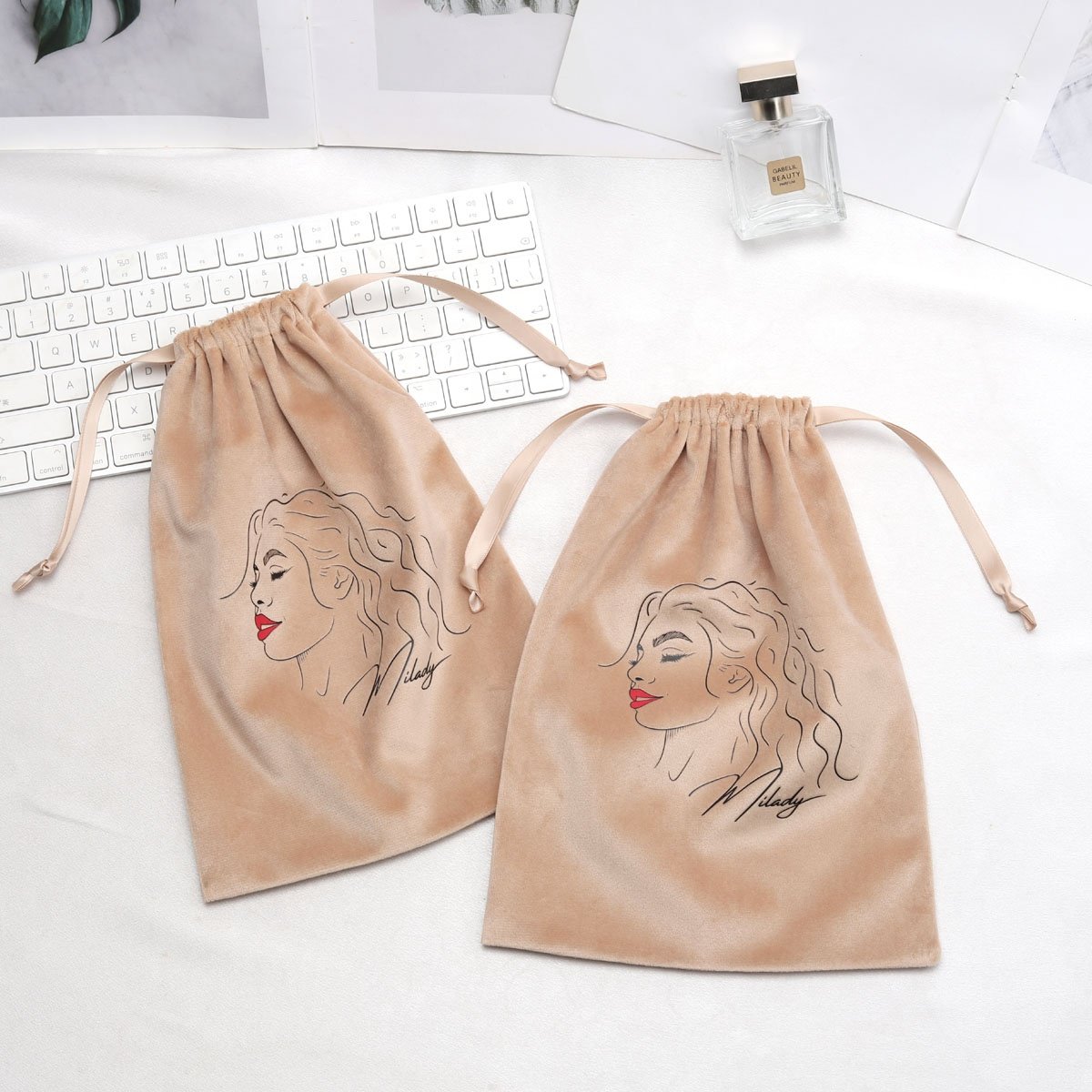Custom Screen Printed Rose Gold Hair Extension Packing Velvet Bag Luxury Flannel Pouch Drawstring Gift Jewelry Dust Velvet Bag