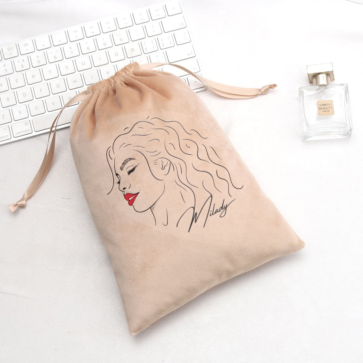 Custom Screen Printed Rose Gold Hair Extension Packing Velvet Bag Luxury Flannel Pouch Drawstring Gift Jewelry Dust Velvet Bag