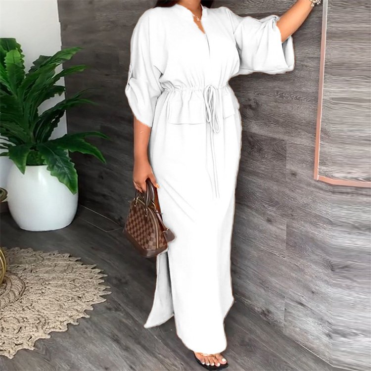 New women's temperament V-neck tie waist loose casual slit dress